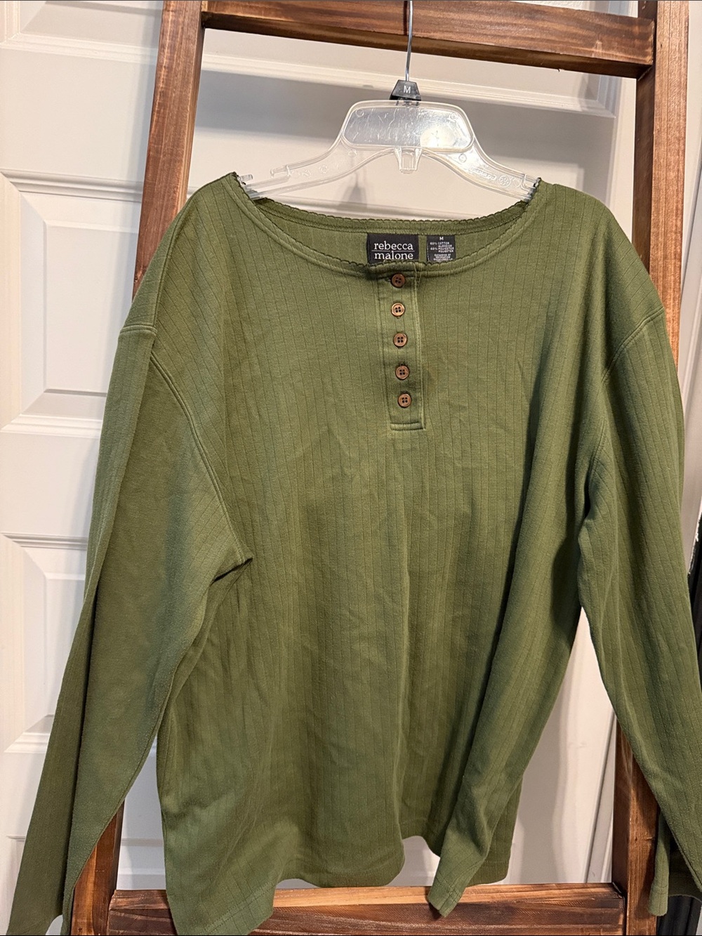 Rebecca Malone Olive Ribbed Henley Long Sleeve Shirt